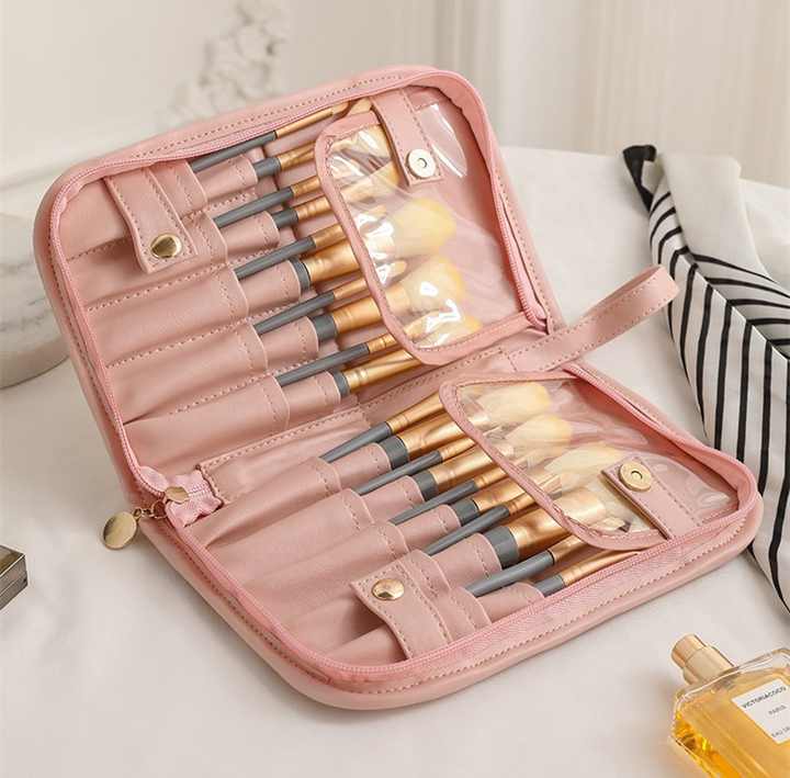 Black Portable Shell Makeup Brush Storage Bag - Multi-Functional PU Cosmetic Organizer with Button Closure, Convertible to Stand Design Make-up brushes are filming props, not included