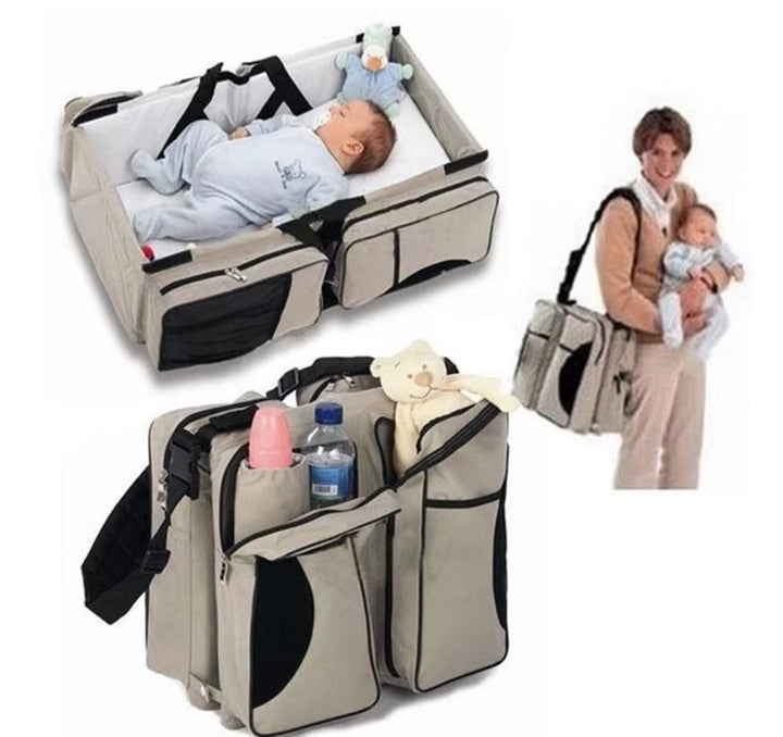 Grey-Brown Patchwork Multifunctional Foldable Baby Crib Mommy Bag | Large Capacity Diaper Bag | Portable Shoulder and Handheld Baby Essentials Bag