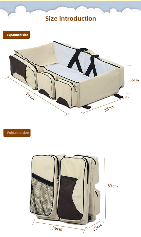 Grey-Brown Patchwork Multifunctional Foldable Baby Crib Mommy Bag | Large Capacity Diaper Bag | Portable Shoulder and Handheld Baby Essentials Bag