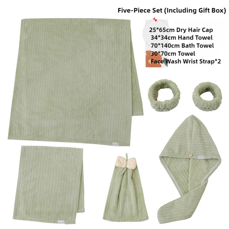 Green Soft Coral Fleece Towel and Bath Towel Gift Set - 5-Piece Luxurious Absorbent Set