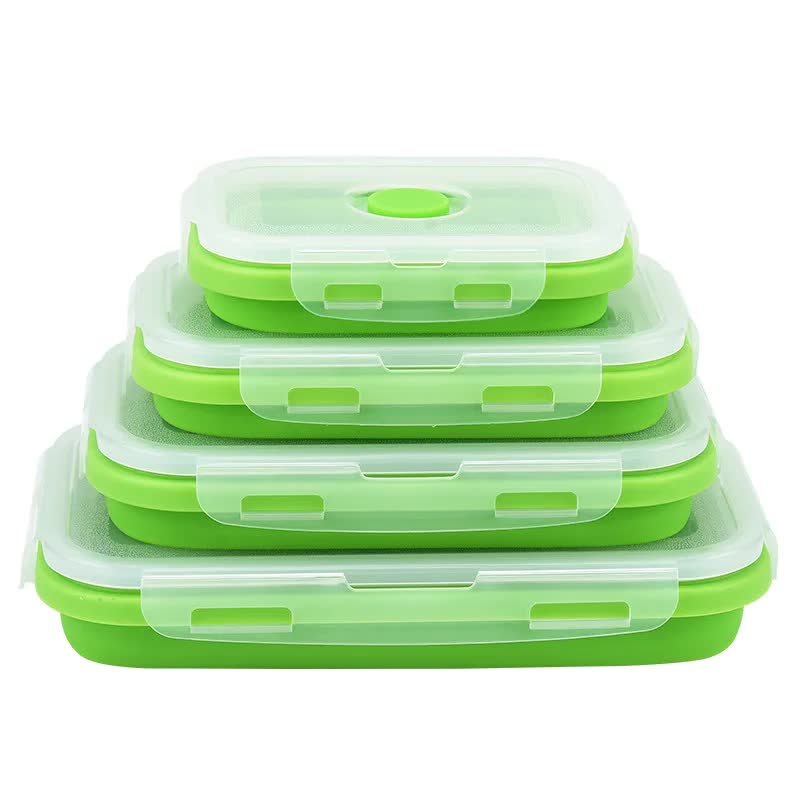 Green Collapsible Silicone Bento Box Set - 4-Piece Food-Grade Microwave & Freezer Safe Lunch Box Set