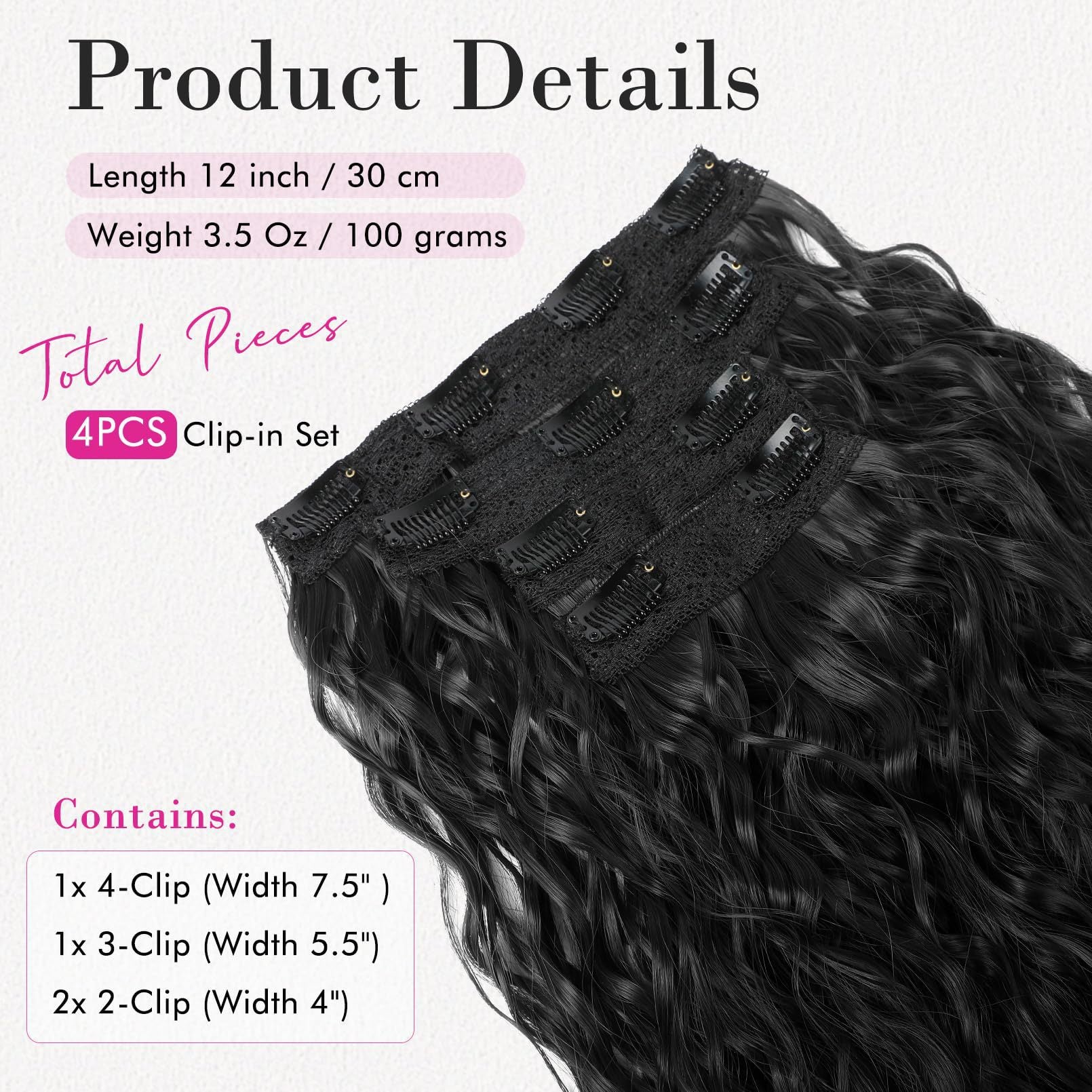 Black 12-Inch Clip-in Wavy Hair Extensions - 4-Piece Set, Easy to Apply, Instant Volume Boost