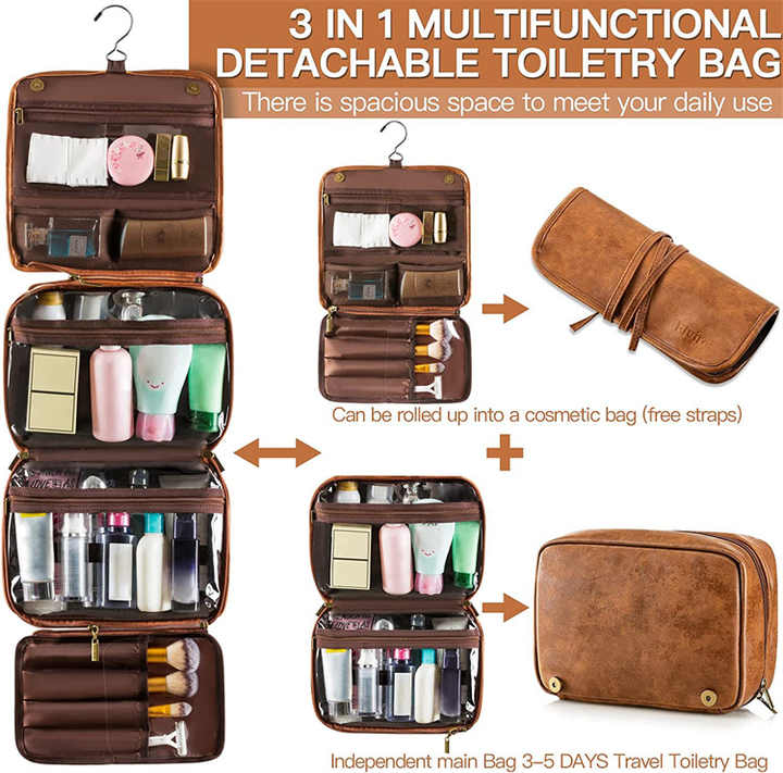 Reddish Brown Luxury PU Business Travel Toiletry Bag – Large Capacity Waterproof Makeup Organizer with Dividers – Portable & Stylish Bathroom Storage