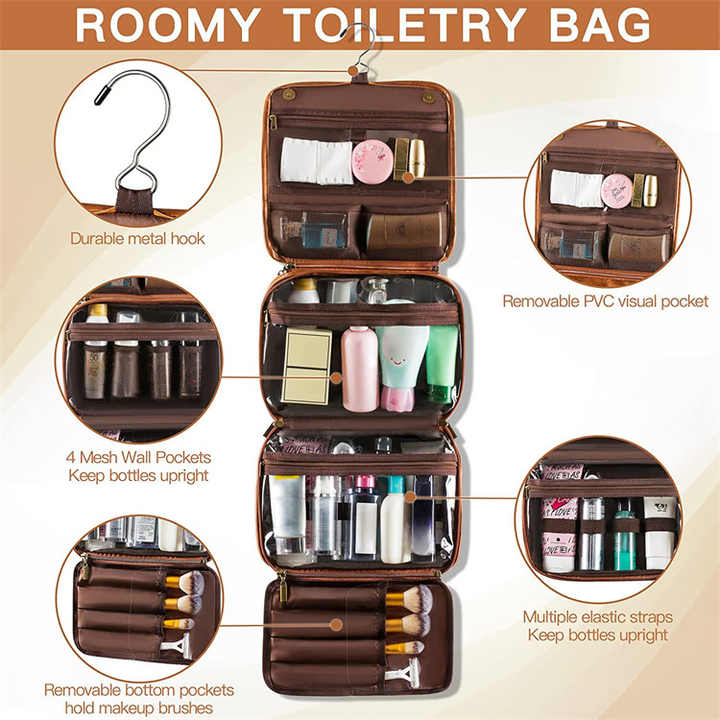 Reddish Brown Luxury PU Business Travel Toiletry Bag – Large Capacity Waterproof Makeup Organizer with Dividers – Portable & Stylish Bathroom Storage