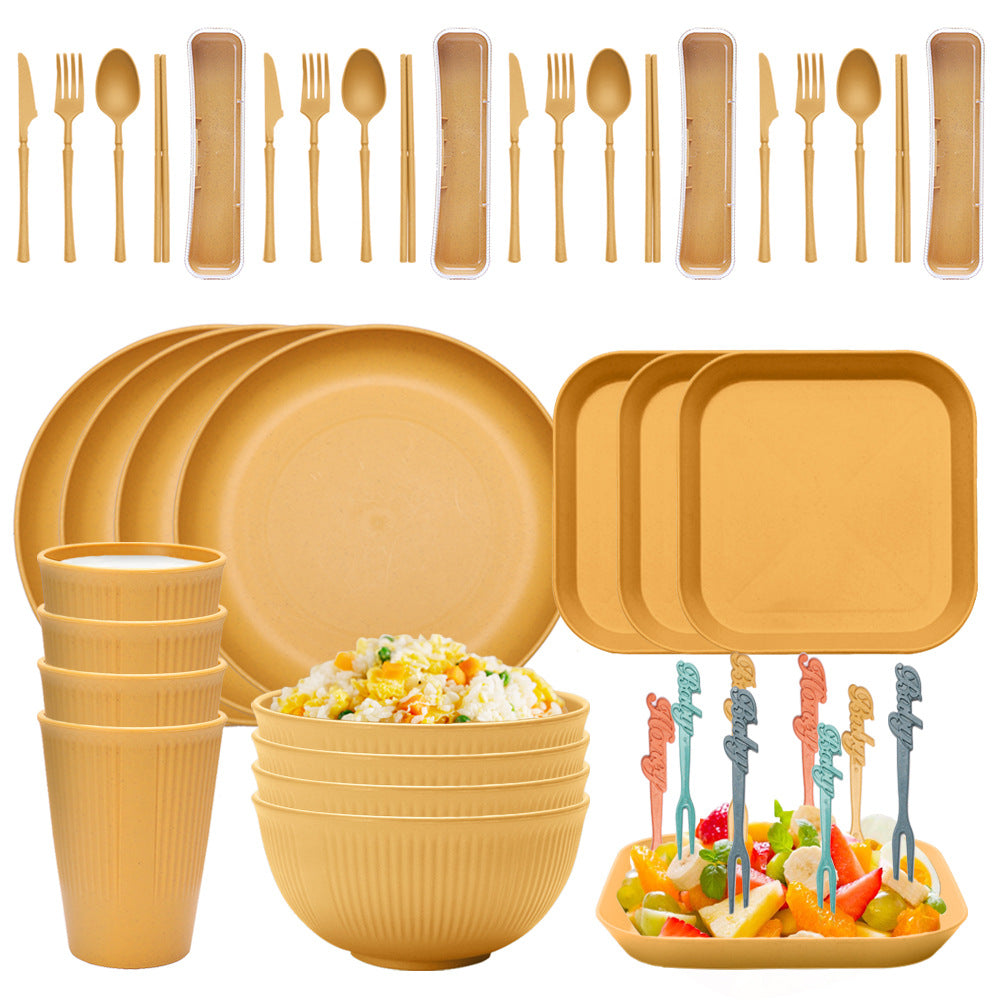 Four-person Set Yellow Eco-Friendly Wheat Straw Dinnerware Set, Plate, Bowl, Cup & Utensil Set - Lightweight, Reusable, and Durable for Home, School, and Travel