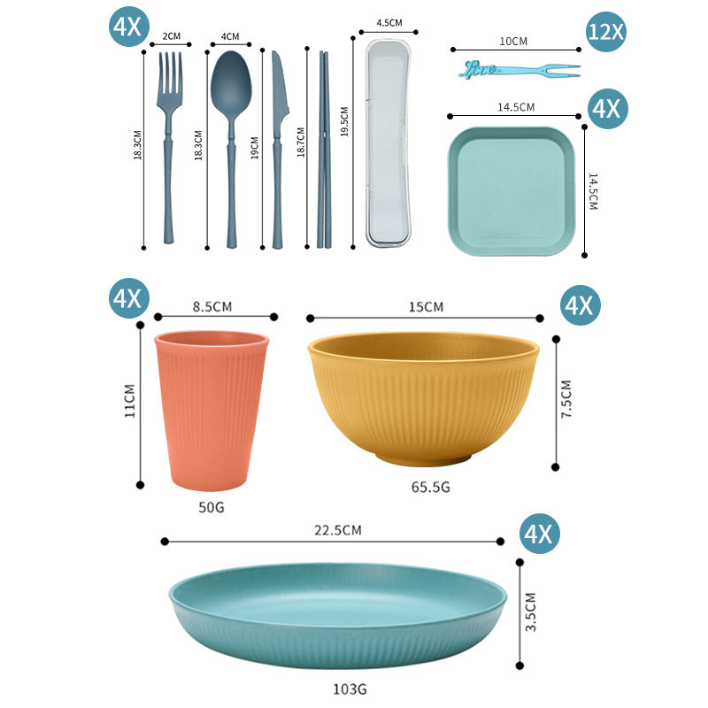 Four-person Set Orange Eco-Friendly Wheat Straw Dinnerware Set, Plate, Bowl, Cup & Utensil Set - Lightweight, Reusable, and Durable for Home, School, and Travel