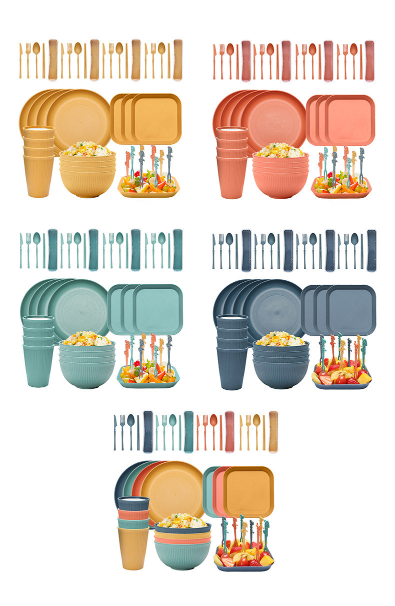 Four-person Set Orange Eco-Friendly Wheat Straw Dinnerware Set, Plate, Bowl, Cup & Utensil Set - Lightweight, Reusable, and Durable for Home, School, and Travel