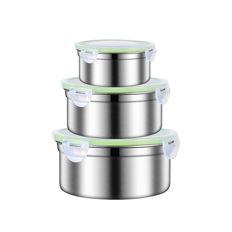 Green 3-Piece 304 Stainless Steel Food Storage Set with Leak-Proof Lids - Round Design for Fridge and Meal Prep