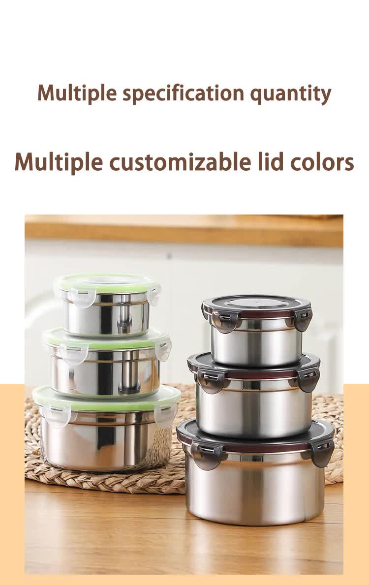 Green 3-Piece 304 Stainless Steel Food Storage Set with Leak-Proof Lids - Round Design for Fridge and Meal Prep