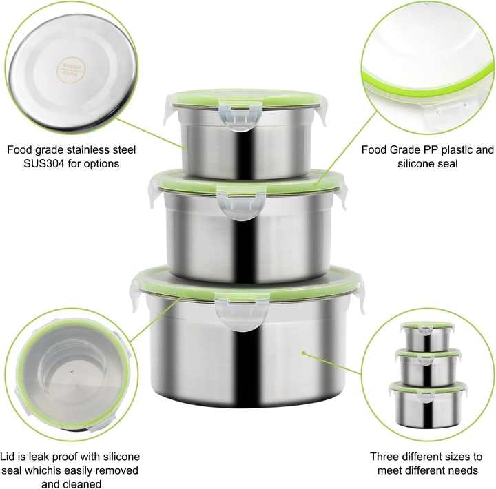 Green 3-Piece 304 Stainless Steel Food Storage Set with Leak-Proof Lids - Round Design for Fridge and Meal Prep