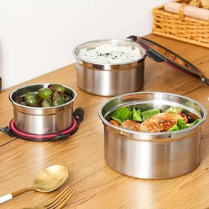 Green 3-Piece 304 Stainless Steel Food Storage Set with Leak-Proof Lids - Round Design for Fridge and Meal Prep