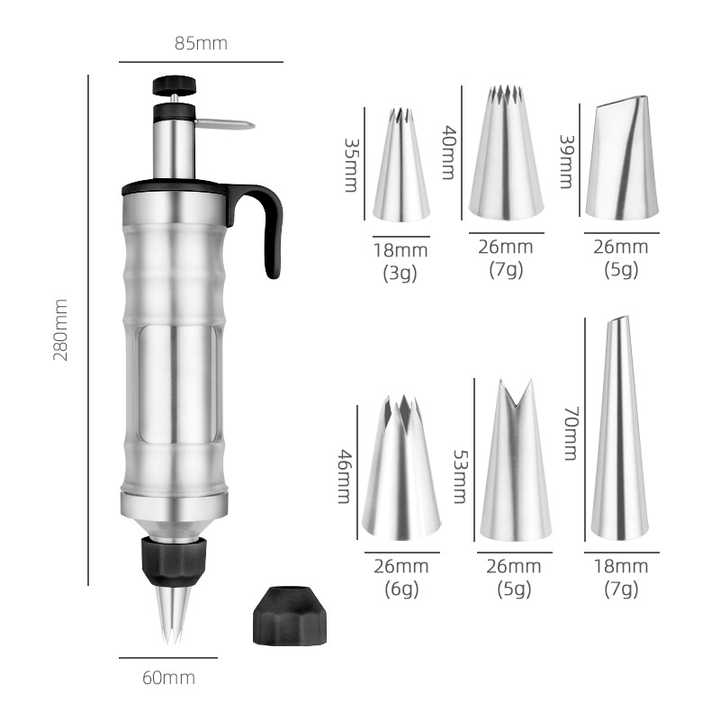 Black Cream Piping Gun for Cookie Decorating - 6 Nozzle DIY Set for Baking and Cake Decoration