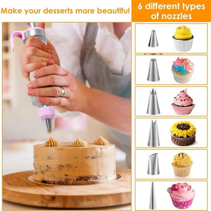 Black Cream Piping Gun for Cookie Decorating - 6 Nozzle DIY Set for Baking and Cake Decoration