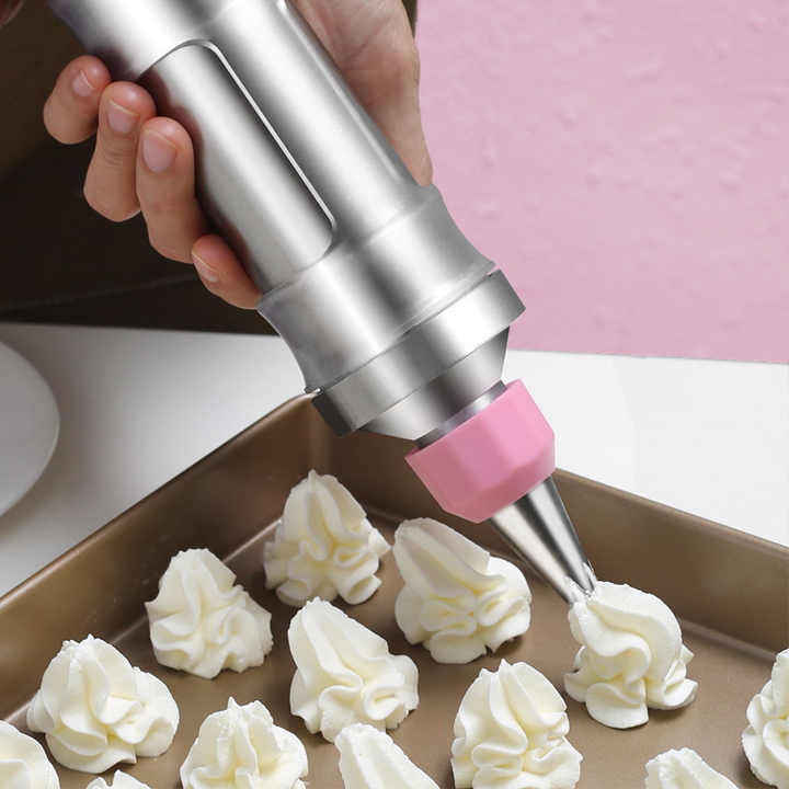 Pink Cream Piping Gun for Cookie Decorating - 6 Nozzle DIY Set for Baking and Cake Decoration