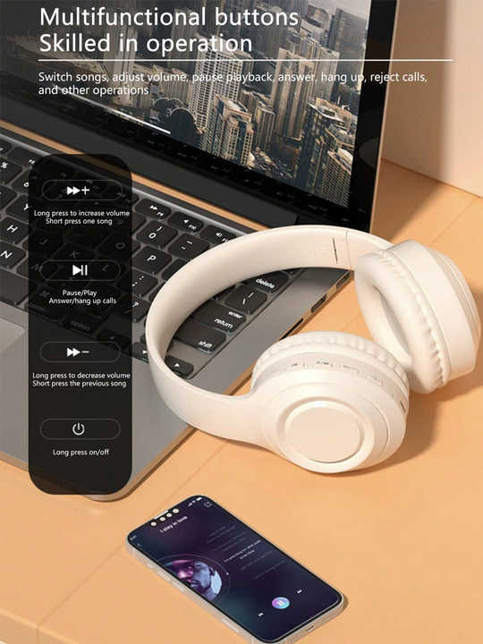 Off White and Orange Wireless Headphones - 400mAh, 16H Playtime, SD Card & Aux Support