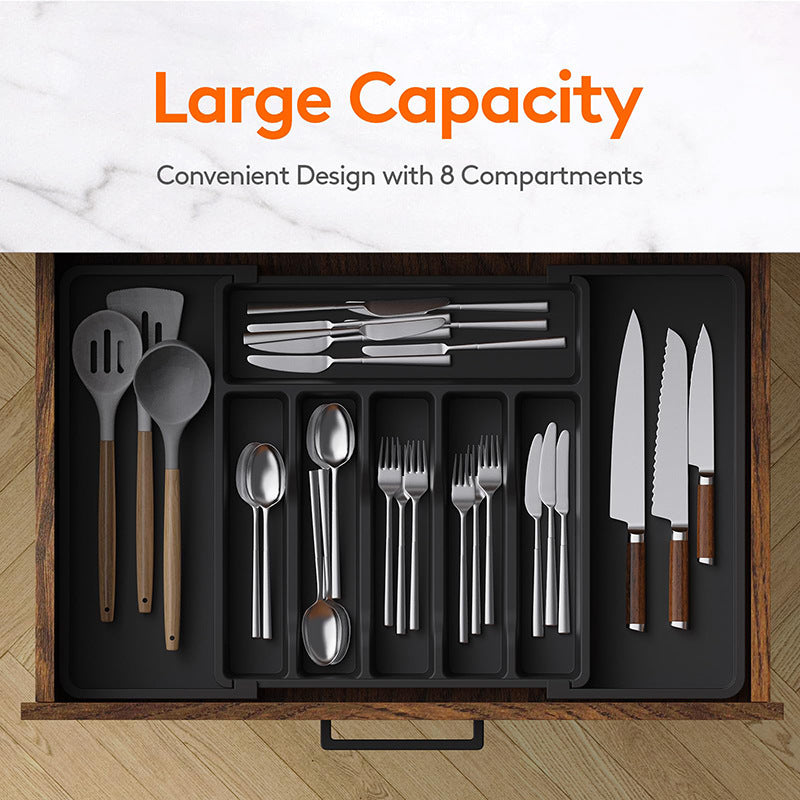 Black Adjustable Polypropylene Kitchen Drawer Organizer – 8 Compartments, Large Capacity, Easy to Clean