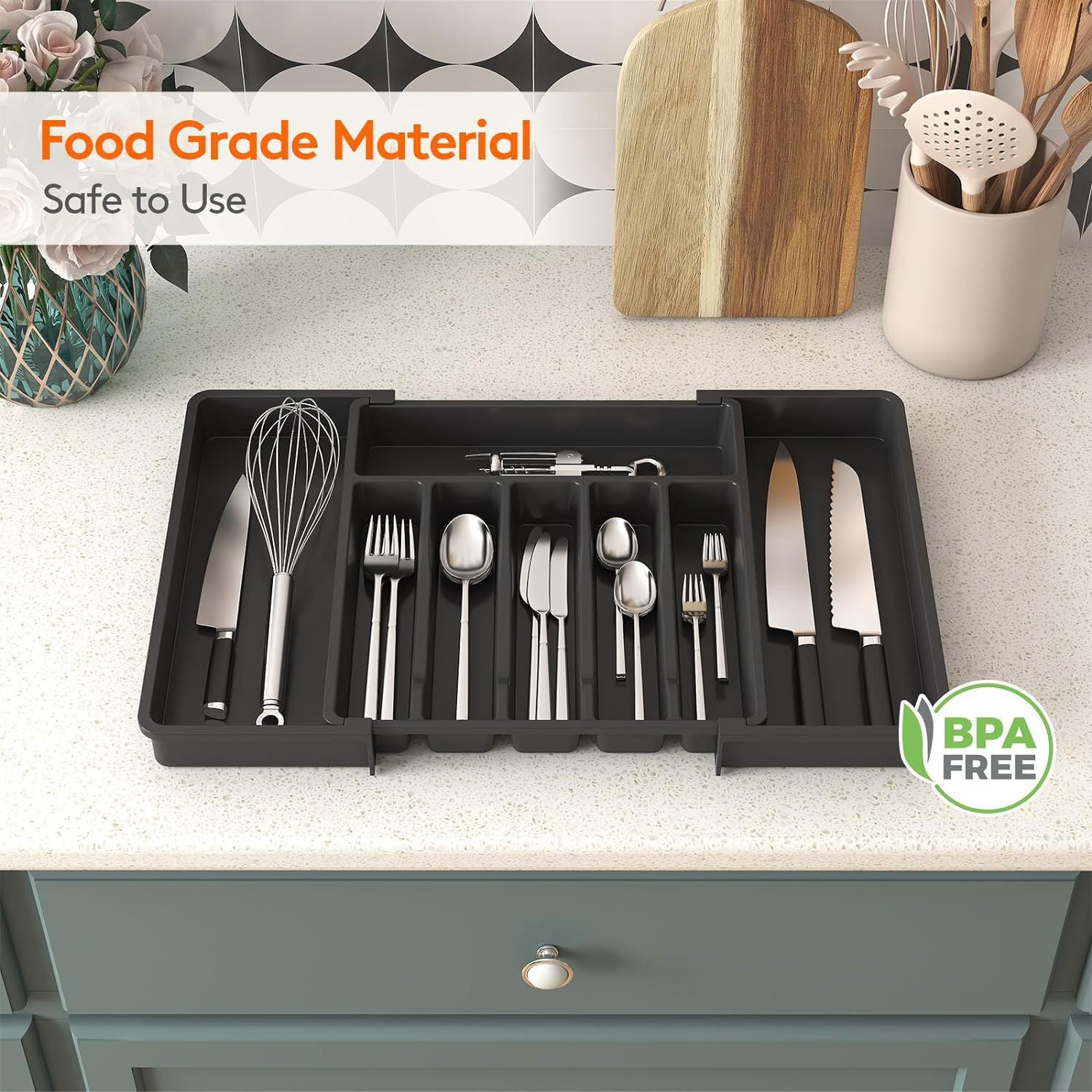 Black Adjustable Polypropylene Kitchen Drawer Organizer – 8 Compartments, Large Capacity, Easy to Clean