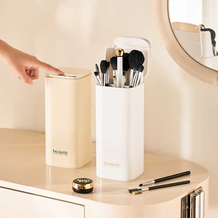 White Automatic Lifting Makeup Brush Holder with 4 Compartments, Large Capacity Cosmetic Brush Organizer Makeup brushes are shooting props and are not included