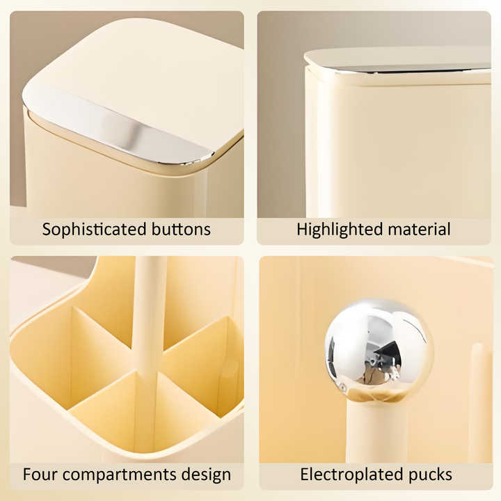 White Automatic Lifting Makeup Brush Holder with 4 Compartments, Large Capacity Cosmetic Brush Organizer Makeup brushes are shooting props and are not included