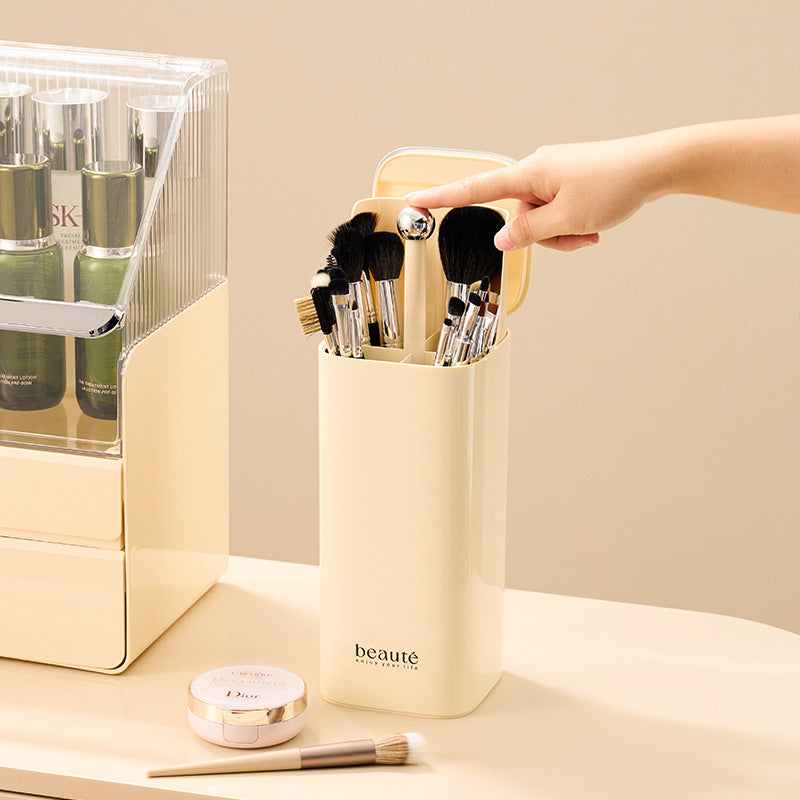 Cream Yellow Automatic Lifting Makeup Brush Holder with 4 Compartments, Large Capacity Cosmetic Brush Organizer Makeup brushes are shooting props and are not included
