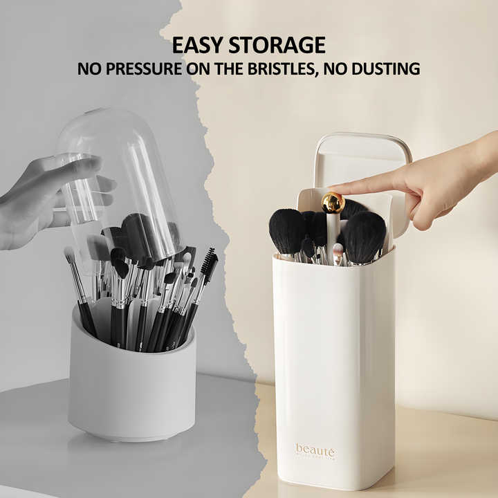 Cream Yellow Automatic Lifting Makeup Brush Holder with 4 Compartments, Large Capacity Cosmetic Brush Organizer Makeup brushes are shooting props and are not included