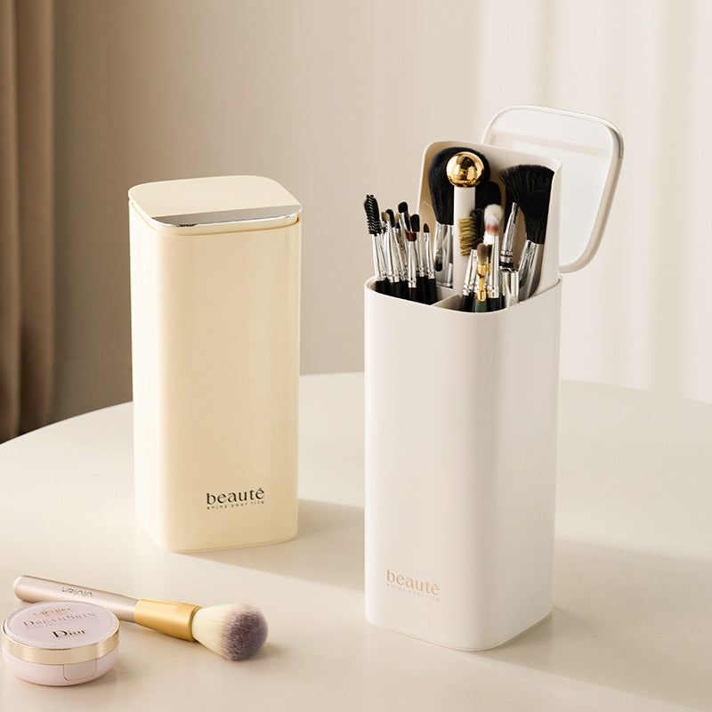 Black Gold Automatic Lifting Makeup Brush Holder with 4 Compartments, Large Capacity Cosmetic Brush Organizer Makeup brushes are shooting props and are not included