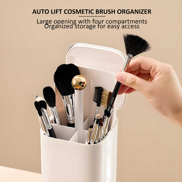 Black Gold Automatic Lifting Makeup Brush Holder with 4 Compartments, Large Capacity Cosmetic Brush Organizer Makeup brushes are shooting props and are not included