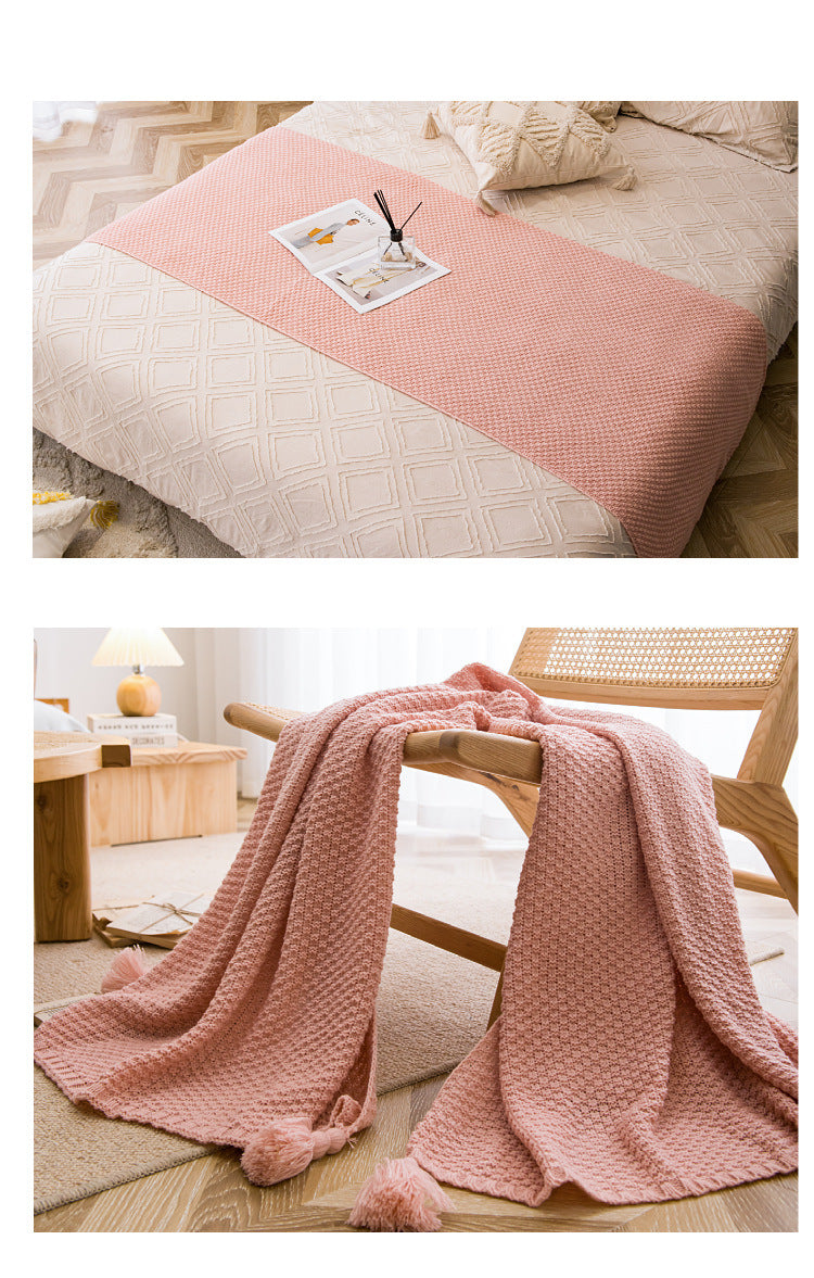 White 110cm x 150cm Soft Tassel Throw Blanket for Sofa or Bed, Cozy Casual Blanket for Office Nap, Minimalist Bed End Cover