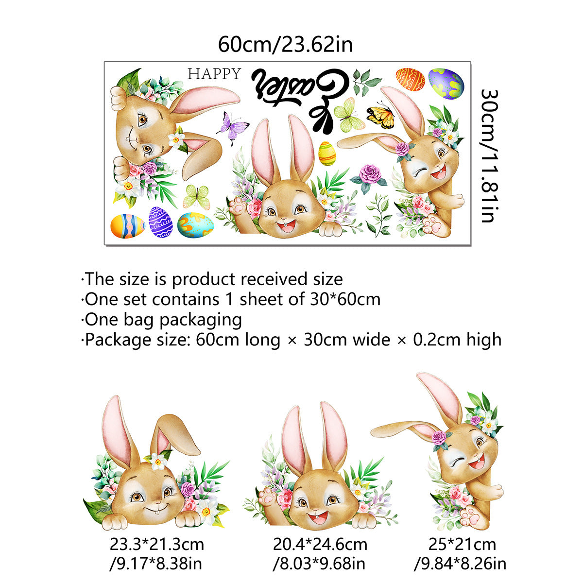 3 Sheet， Creative Easter Bunny & Egg Window Decal - Adhesive Wall Stickers for Living Room & Bedroom 60cm x 30cm