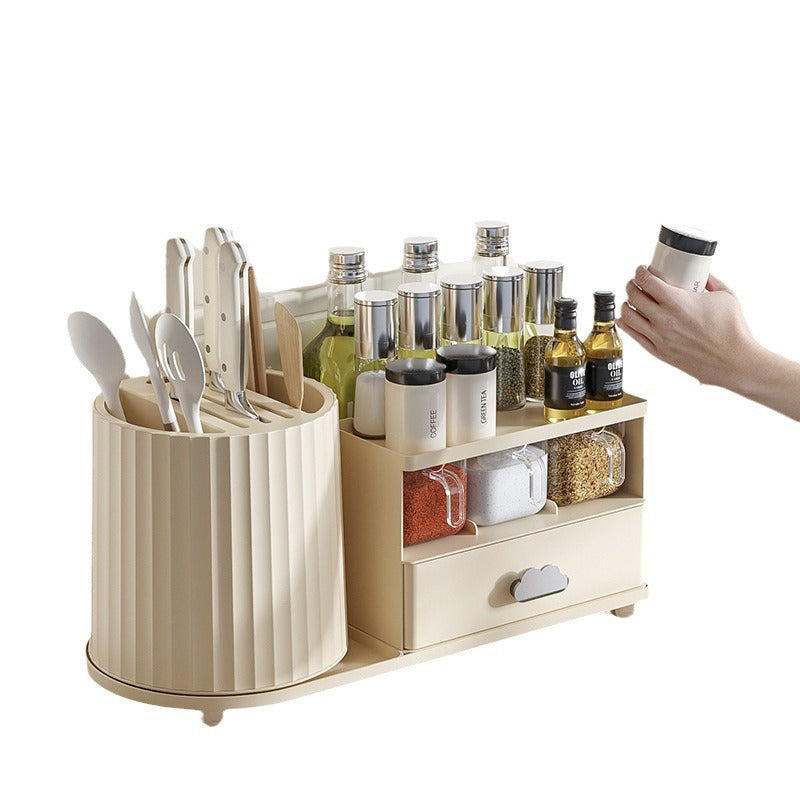 All-in-One Kitchen Countertop Organizer | Rotating Utensil Holder, Knife Block & Spice Rack with Drawer | Transparent color
