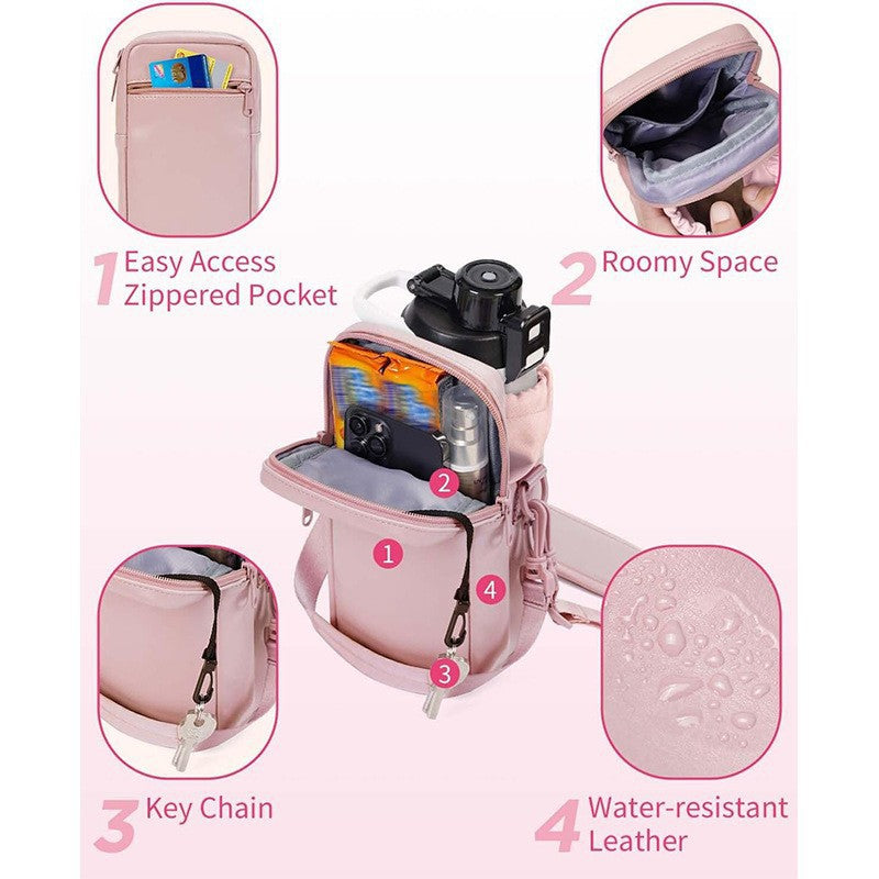 Green Stylish Water Bottle Carrier Bag with Phone Pocket, Key Clip & Adjustable Strap - Crossbody Sling Holder