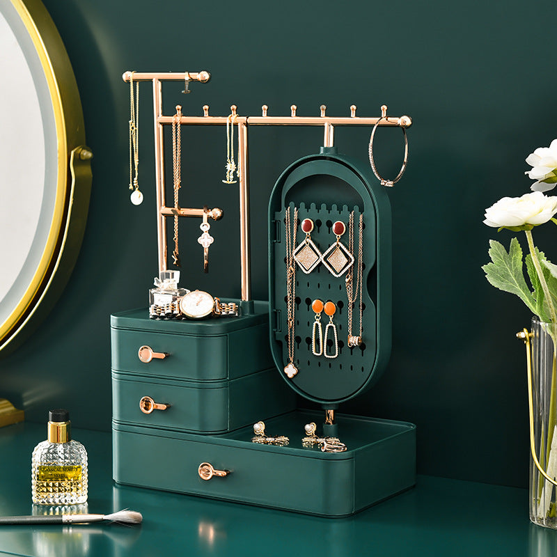 Elegant Green Jewelry Organizer with Mirror - Multi-Layer Storage & Display Stand 25x15x37.5cm