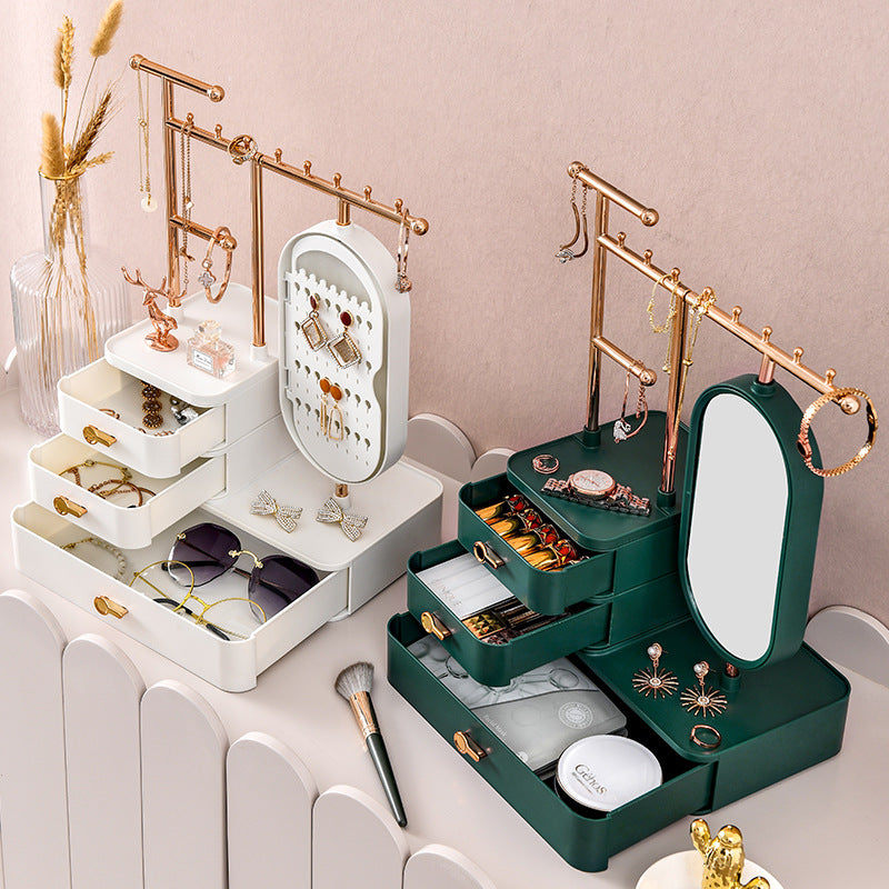 Elegant Green Jewelry Organizer with Mirror - Multi-Layer Storage & Display Stand 25x15x37.5cm