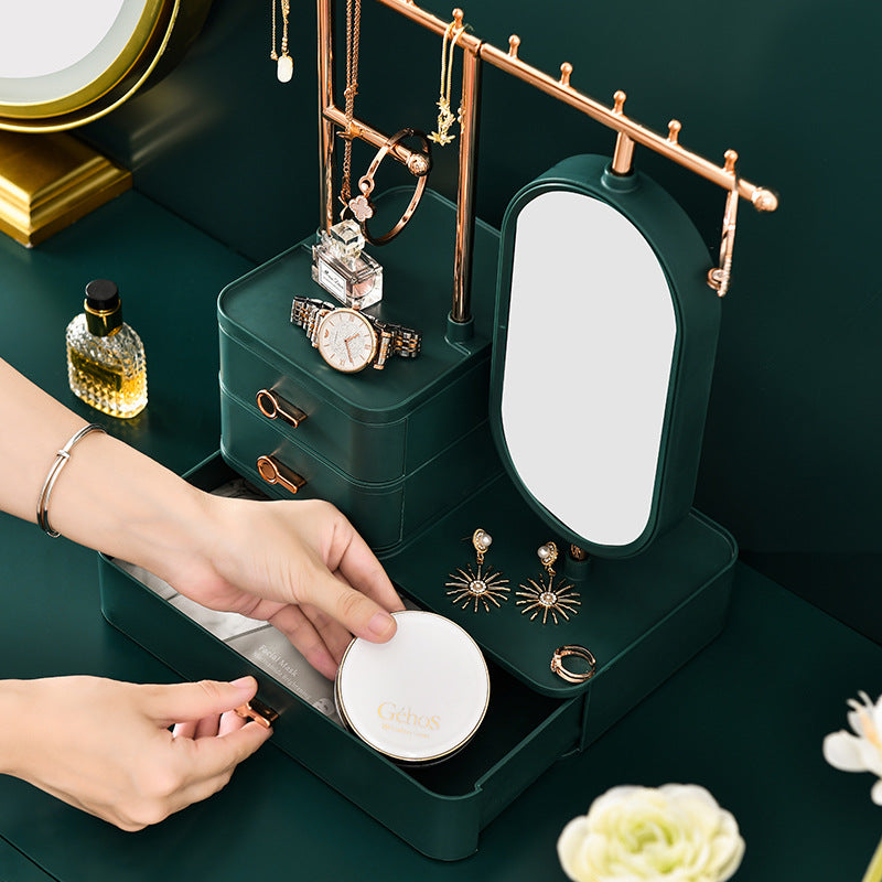 Elegant Green Jewelry Organizer with Mirror - Multi-Layer Storage & Display Stand 25x15x37.5cm