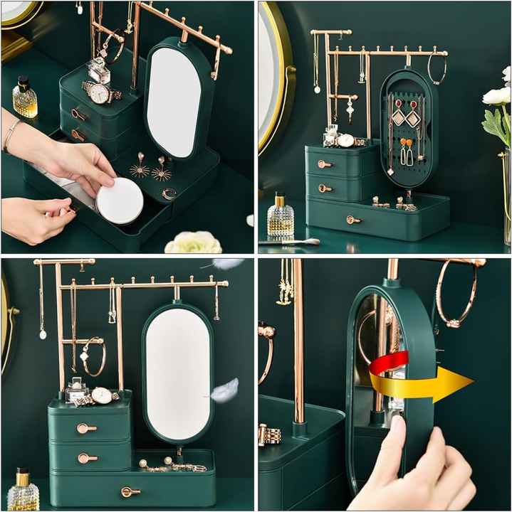 Elegant Green Jewelry Organizer with Mirror - Multi-Layer Storage & Display Stand 25x15x37.5cm