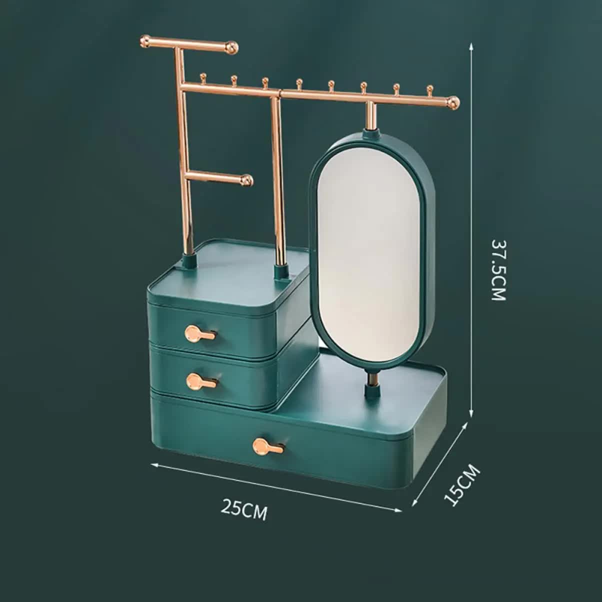Elegant Green Jewelry Organizer with Mirror - Multi-Layer Storage & Display Stand 25x15x37.5cm