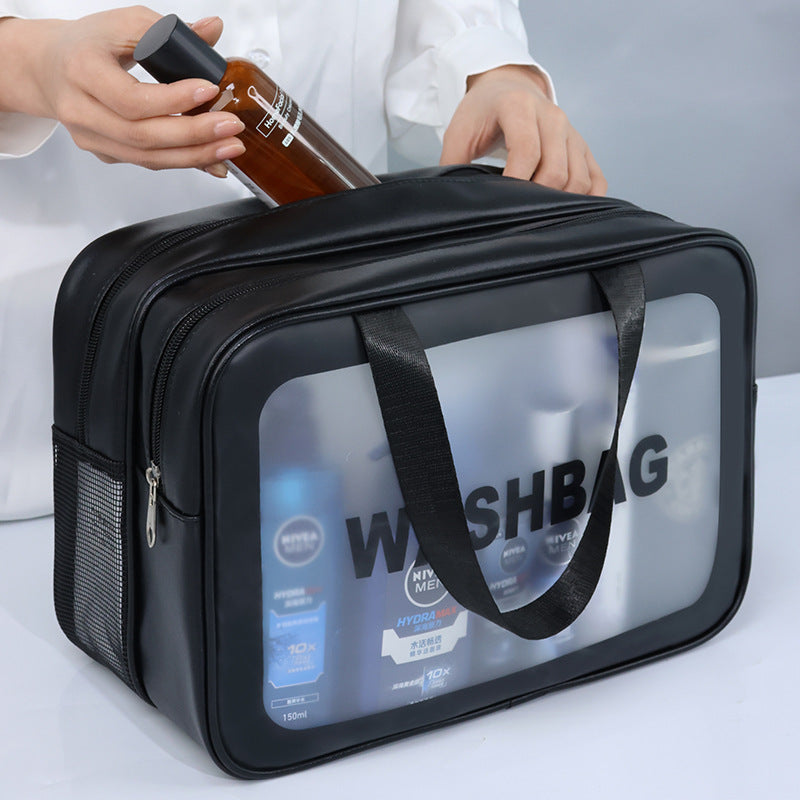 2PCS Dual-Layer Transparent PU Cosmetic Pouch - Wet and Dry Separation, Large size 31*15*20cm - Black