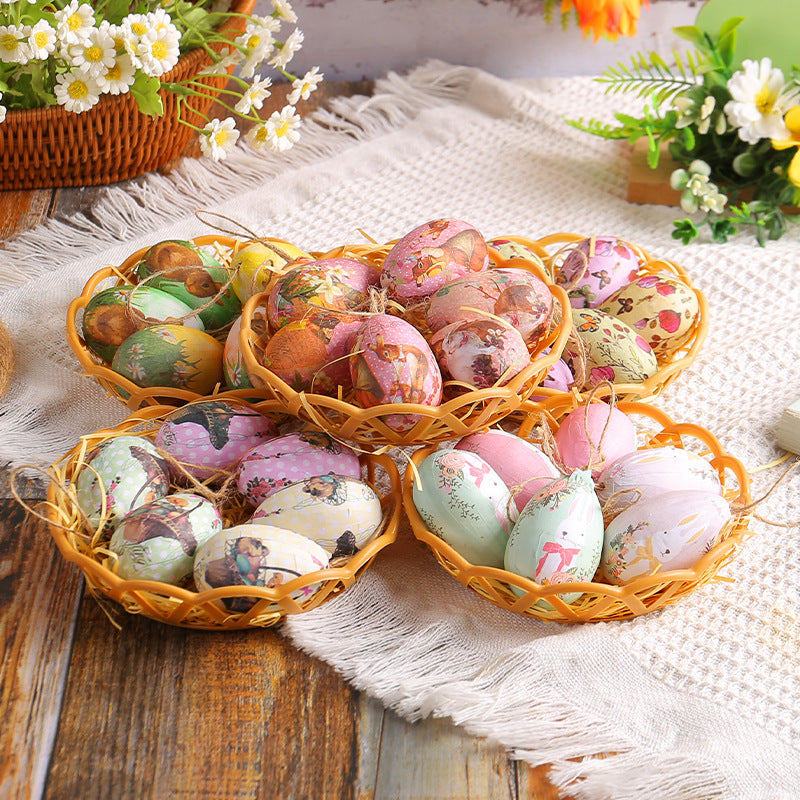 Two Rabbits Five Sets Of Six Each Easter Egg Hanging Ornament Set with Creative Woven Basket - Festive Decor for Home Scenes