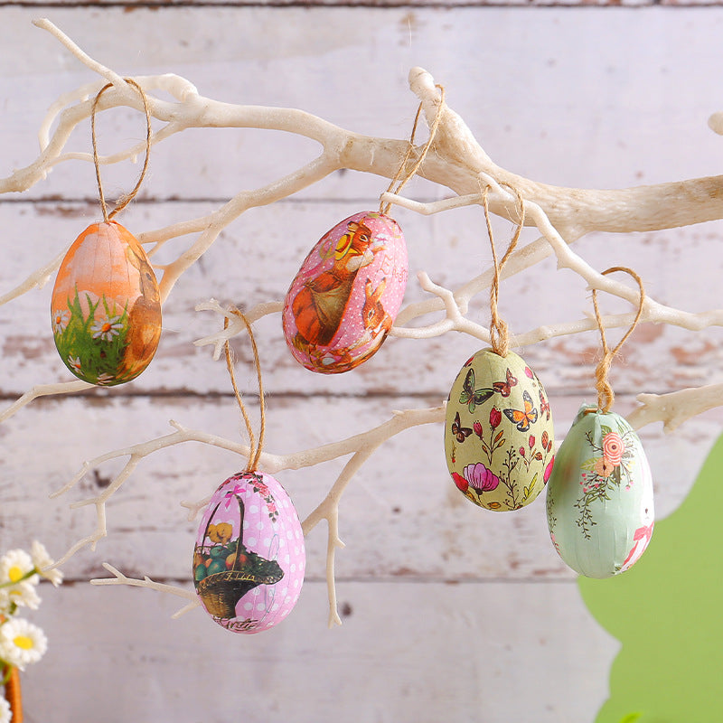 Two Rabbits Five Sets Of Six Each Easter Egg Hanging Ornament Set with Creative Woven Basket - Festive Decor for Home Scenes