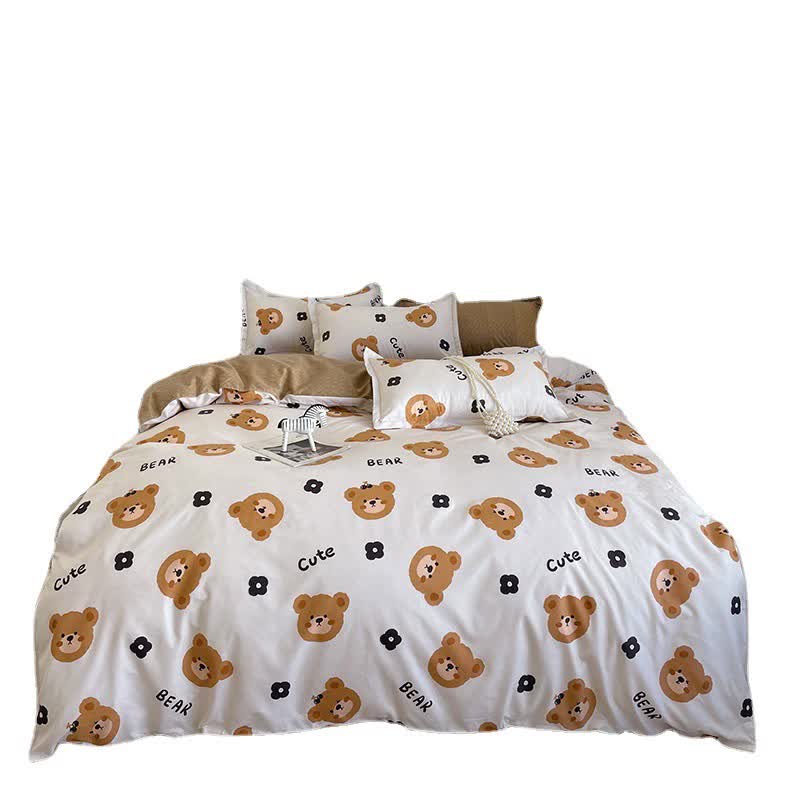 Cartoon Bear 4-Piece Bedding Set with Comforter and Pillowcases for Kids - Soft and Cute Bed Linen Comforter 150x200cm, Bed Sheet 160x230cm, Pillowcases 48x47cm