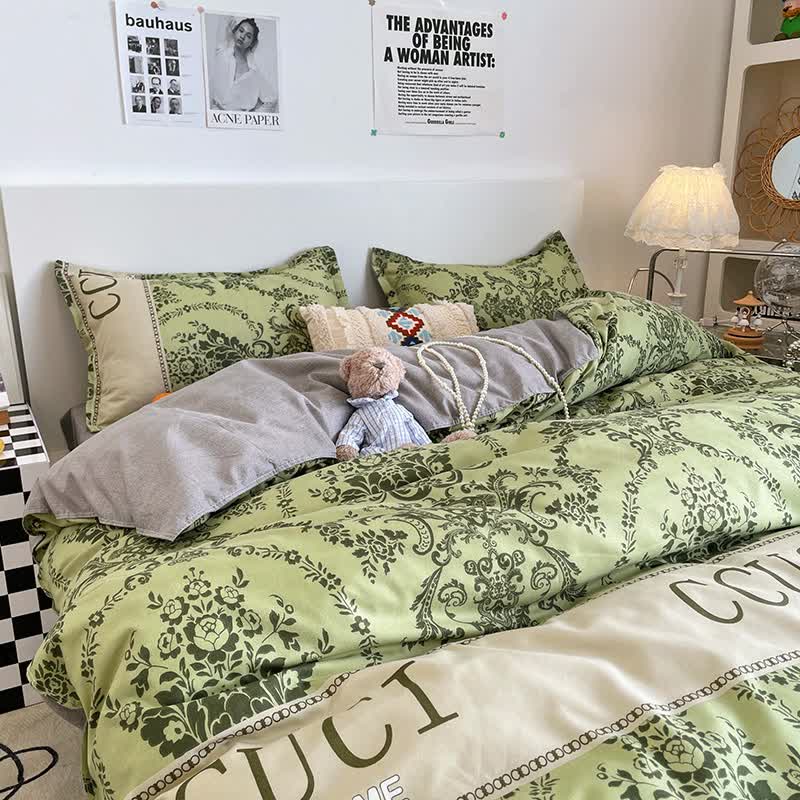 Green Floral 4-Piece Bedding Set - Soft and Lovely Bed Sheets Quilt 150x200cm, Flat Sheet 200x230cm, Pillowcase 48x47cm