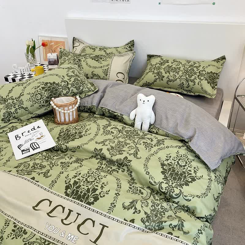 Green Floral 4-Piece Bedding Set - Soft and Lovely Bed Sheets Quilt 200x230cm, Flat Sheet 230x230cm, Pillowcase 48x47cm*2