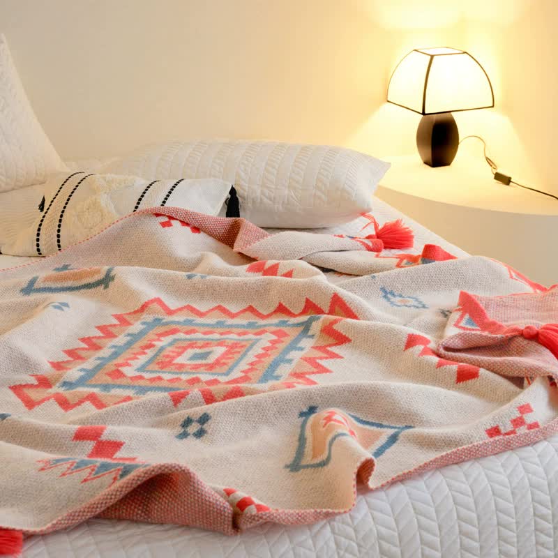Orange Bohemian Geometric Tassel Throw Blanket – Soft Cotton Blend for Bedroom, Living Room, and Sofa 110x130cm