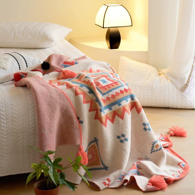 Orange Bohemian Geometric Tassel Throw Blanket - Soft Cotton Blend for Bedroom, Living Room, and Sofa 130x170cm