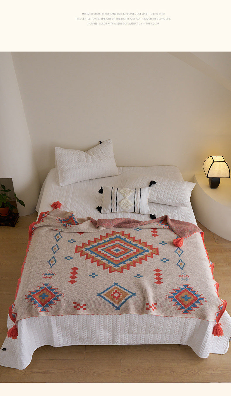 Orange Bohemian Geometric Tassel Throw Blanket - Soft Cotton Blend for Bedroom, Living Room, and Sofa 130x170cm