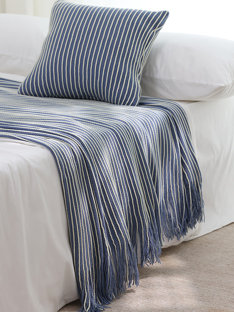 Blue Cozy Knit Throw Blanket with Fringe - Stylish Striped Bed End Cover, 127x220CM