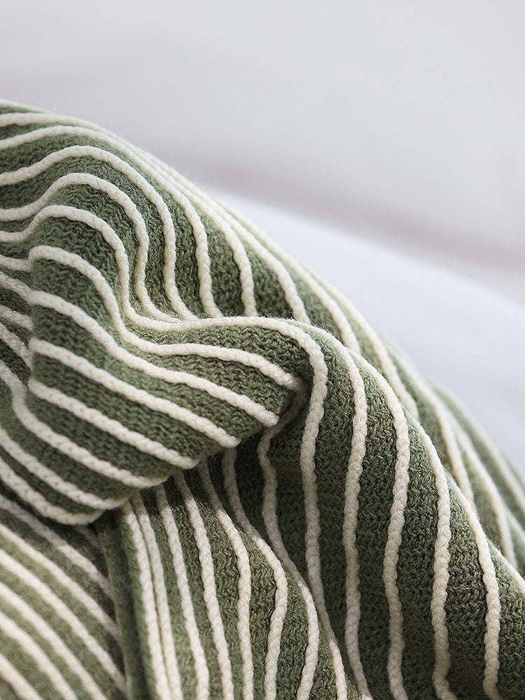 Green Cozy Knit Throw Blanket with Fringe - Stylish Striped Bed End Cover, 127x220CM