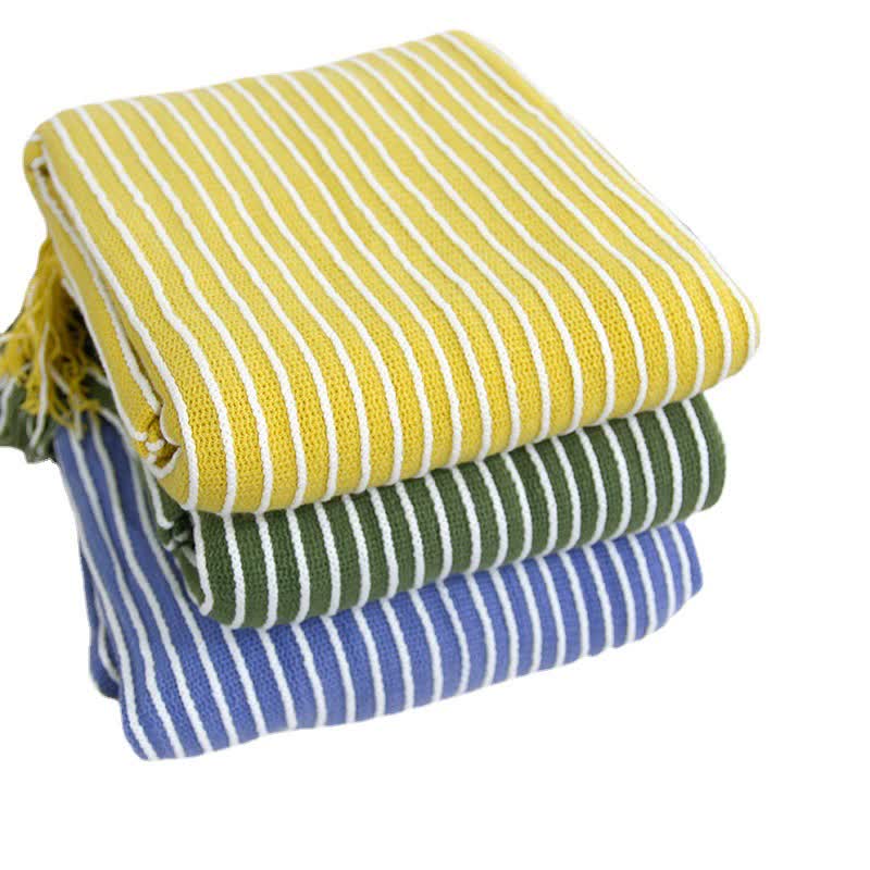 Green Cozy Knit Throw Blanket with Fringe - Stylish Striped Bed End Cover, 127x220CM