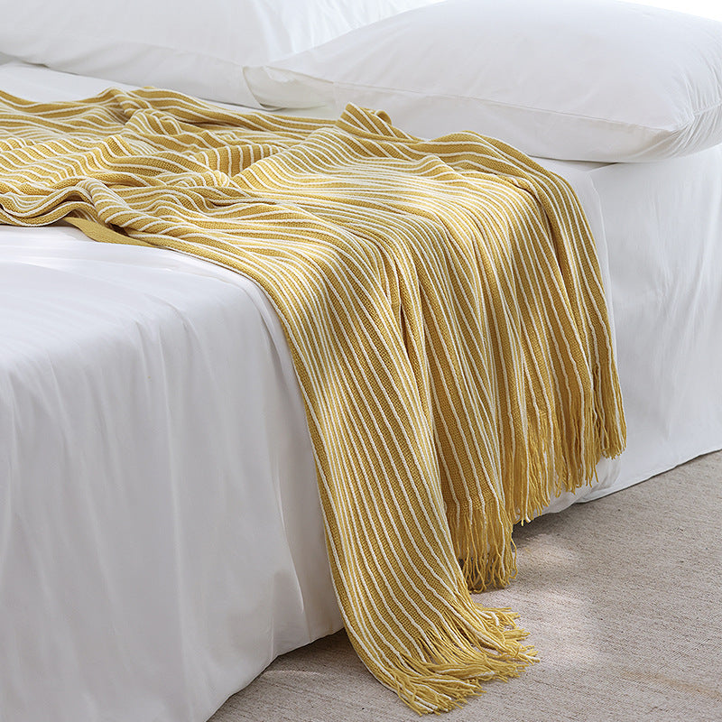 Yellow Cozy Knit Throw Blanket with Fringe - Stylish Striped Bed End Cover, 127x170CM