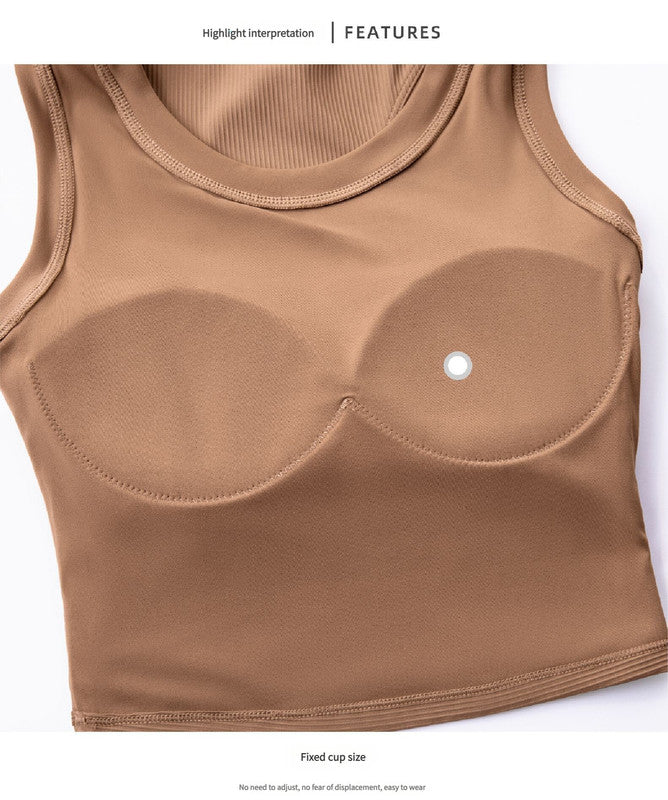 Size 4 Brown Fixed Cup Sports Bra with Cross-Back Design - Seamless Yoga Bra for Women